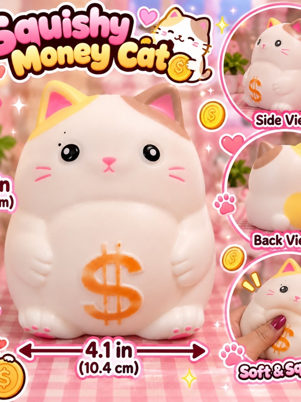 Squishy Money Cat Plush Toy - White with Yellow & Brown Accents